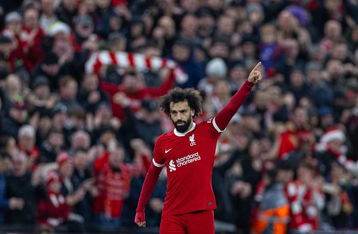 Mo Salah pictured celebrating after scoring the 151st goal of his Premier League career during Liverpool's 1-1 draw with Arsenal in December 2023
